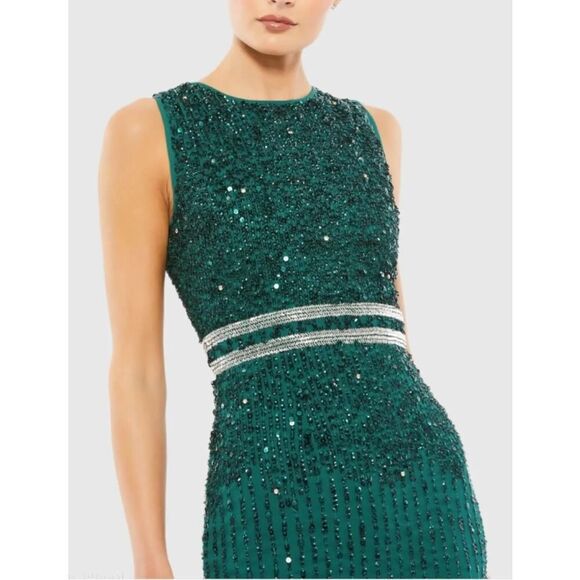 Mac Duggal Green Sleeveless High Neck Beaded Midi Sheath Dress Size 4 - NWT - Picture 3 of 6